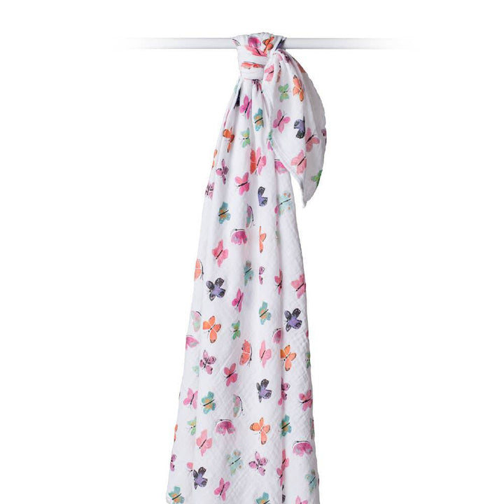 Lulujo Baby muslin swaddle blanket featuring a butterfly pattern, soft and breathable fabric for newborns and infants.
