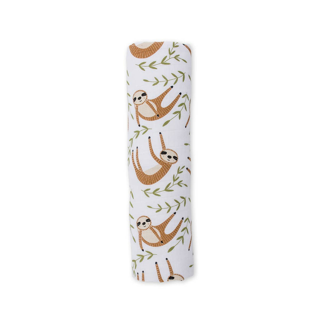 Soft muslin cotton swaddle blanket featuring a cute sloth design for babies by Lulujo Baby.