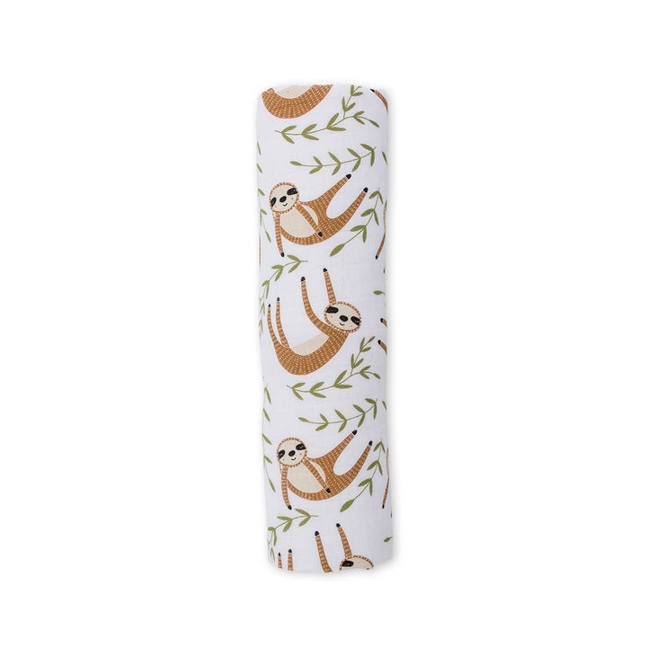 Soft muslin cotton swaddle blanket featuring a cute sloth design for babies by Lulujo Baby.