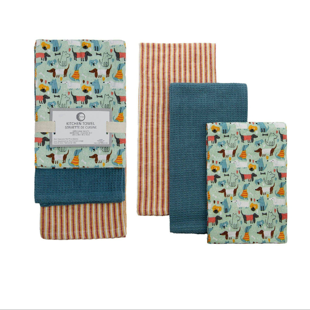 Set of four kitchen towels with different patterns on a white background