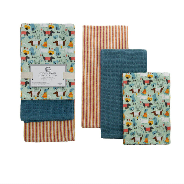 Set of four kitchen towels with different patterns on a white background