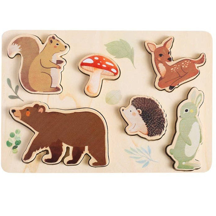 Wooden puzzle with animal figures on a beige background