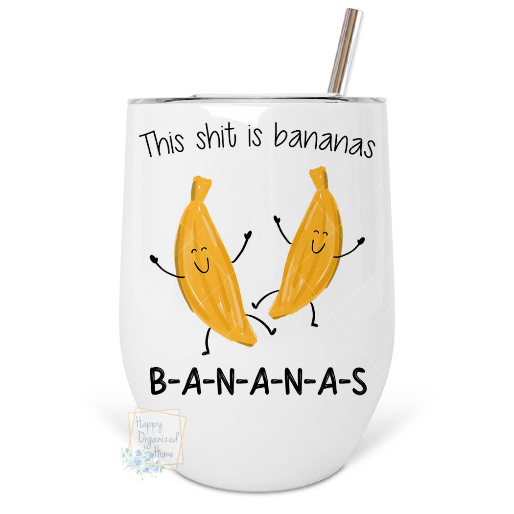 White tumbler with cartoon bananas and text on a white background