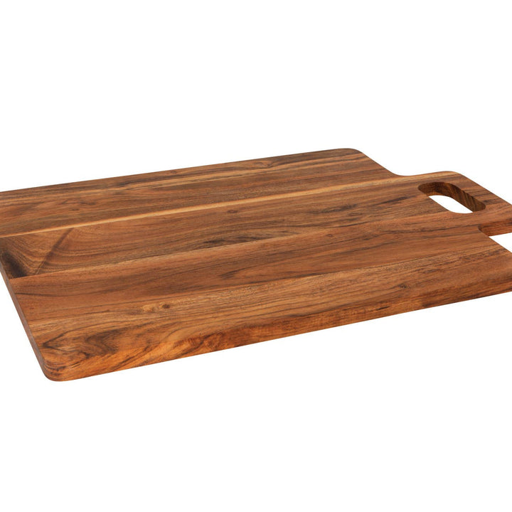 Wooden cutting board with handles on a white background