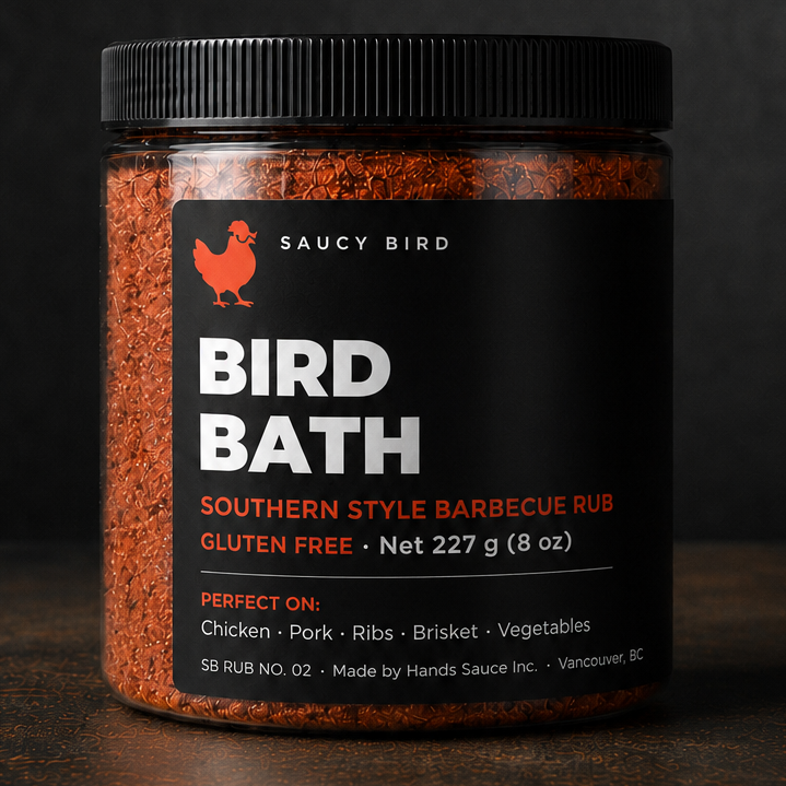 A jar of Saucy Bird Bird Bath Southern Style Barbecue rub, featuring a black label with white and red text, filled with reddish-brown granules, set on a dark wooden surface against a dark textured background.