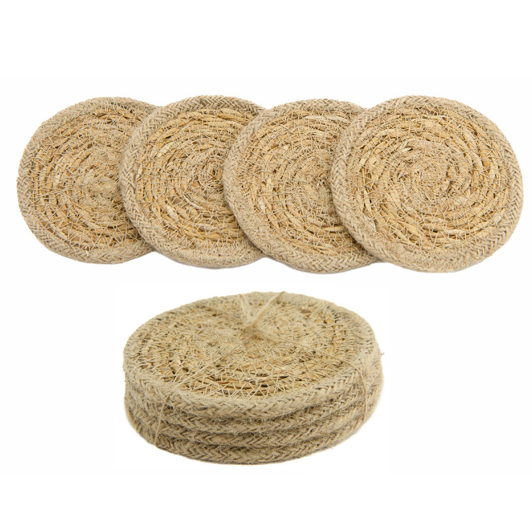 Set of five natural jute coasters on a white background