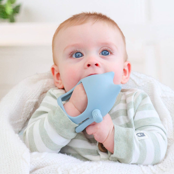 Baby holding a blue teething ring with a white background