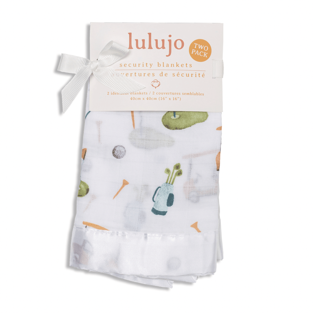 Two-pack of lulujo security blankets with a white background