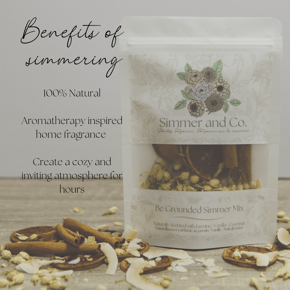 Simmer & Co Be Grounded natural aroma simmer pot mix in a jar, home goods product with dried herbs and spices for aromatic cooking.