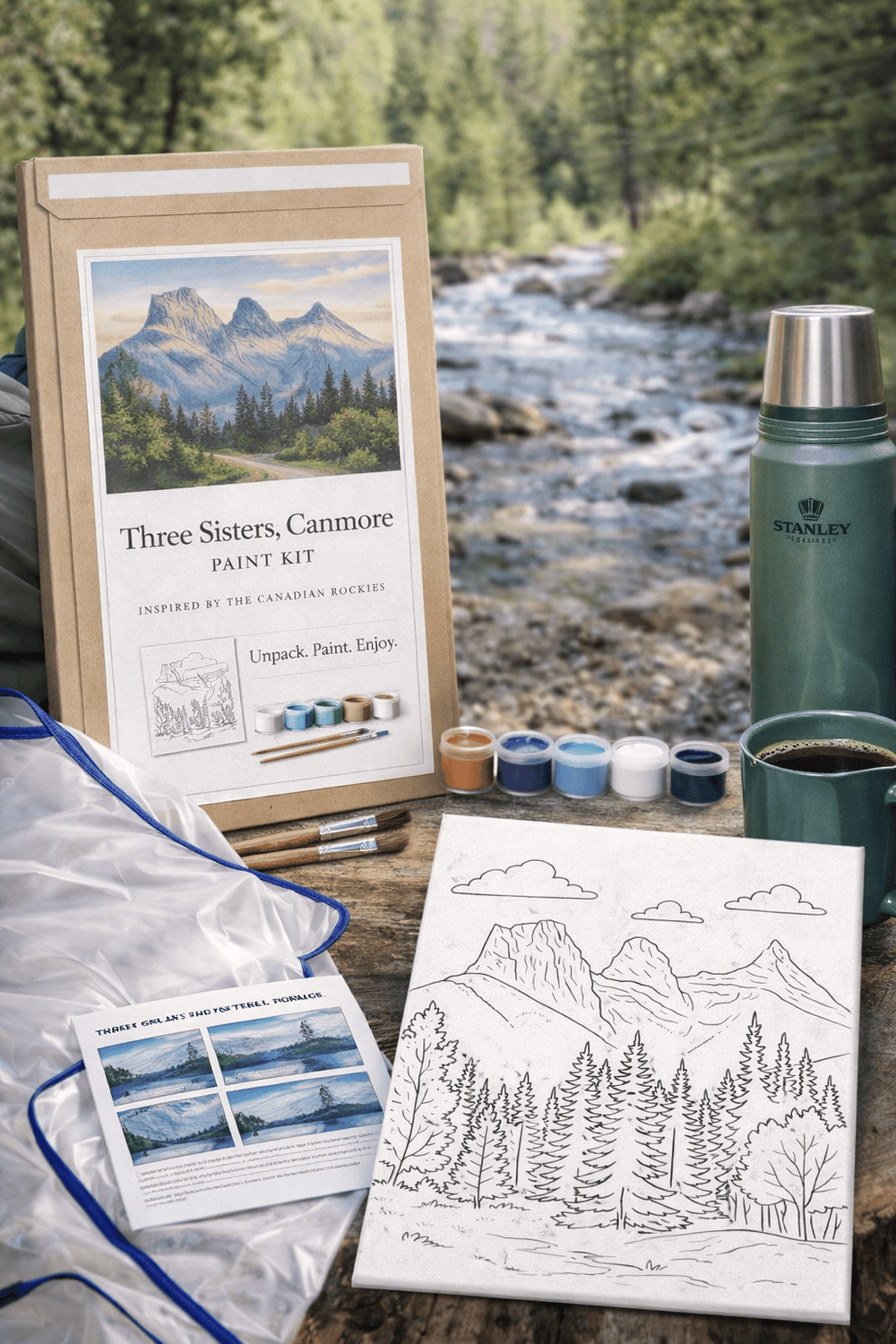Art supplies including a paint kit, coloring book, and thermos by a scenic river.