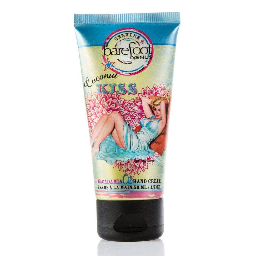 Hand cream tube with colorful label featuring a vintage-style design on a white background