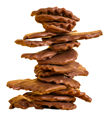 Stack of chocolate-covered cookies on a white background