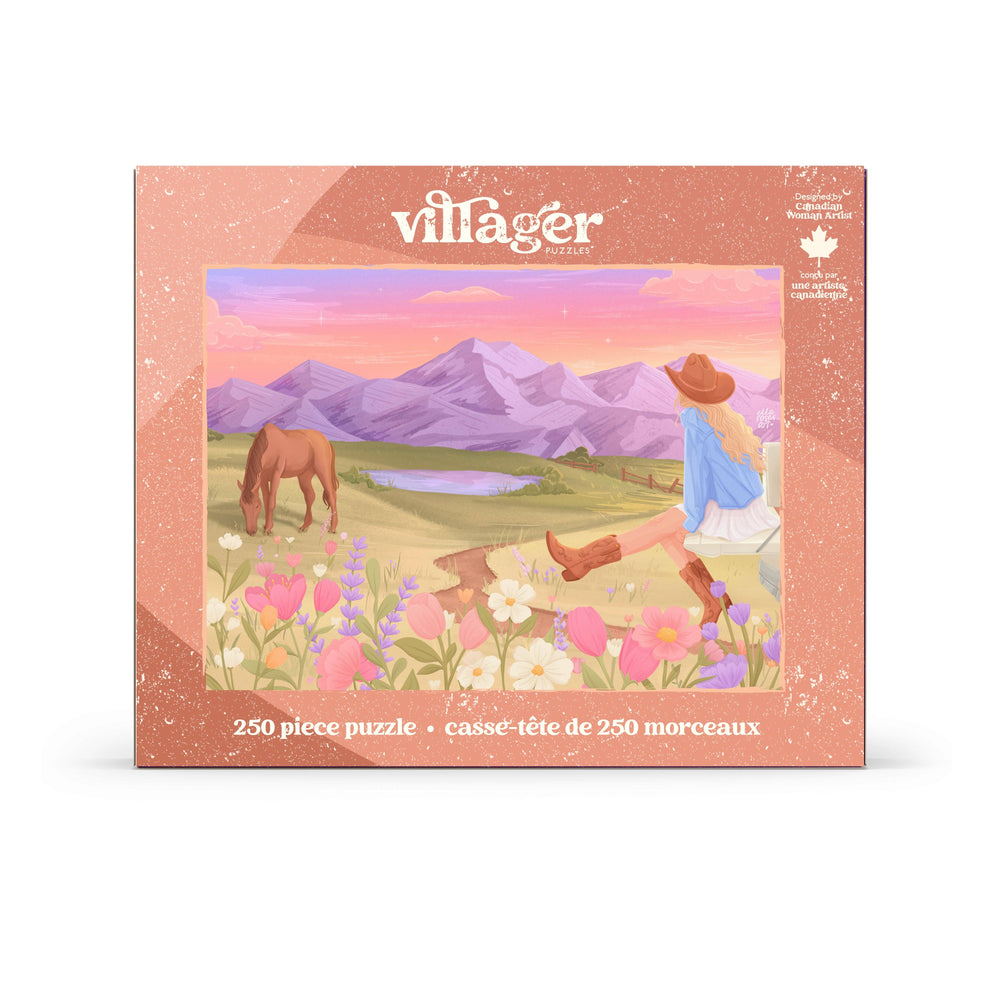 Villager Puzzles Rockies Meadow 250-piece puzzle featuring a scenic mountain landscape designed in Canada.