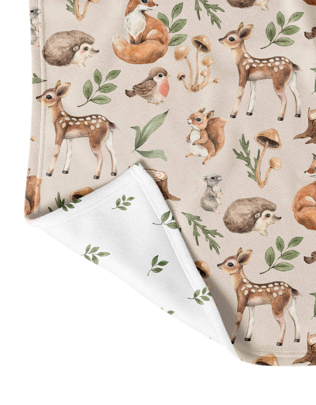 Woodland animal-themed fabric with deer, fox, and hedgehog on a beige background.