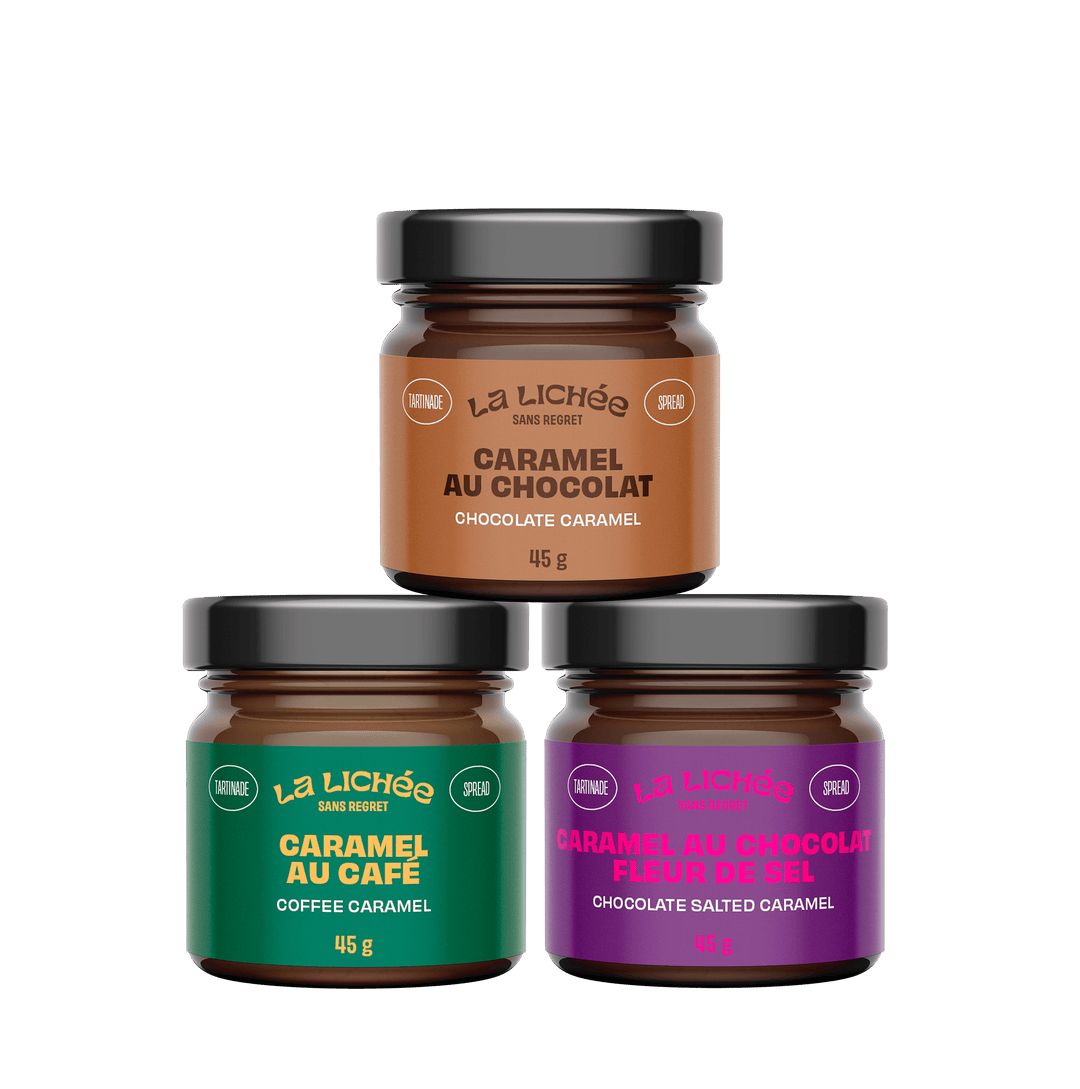 Three jars of La Lichée caramel spread in different flavors on a white background