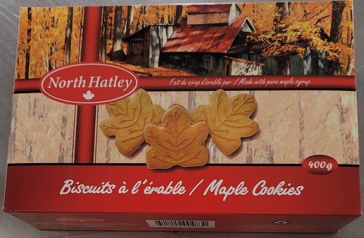 Box of North Hatley maple cookies with a scenic design on the packaging.