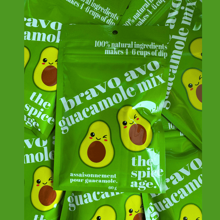 Bravo Avo Guacamole Seasoning from The Spice Age in a pantry container, ready to add flavor to fresh guacamole.