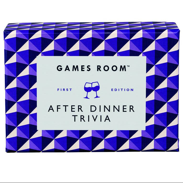Box of 'After Dinner Trivia' game by Games Room with geometric design