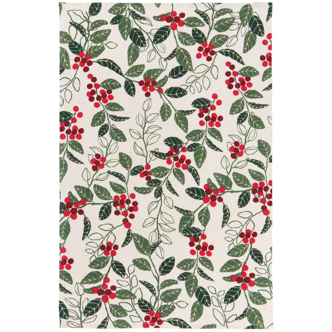 Patterned fabric with red berries and green leaves on a white background