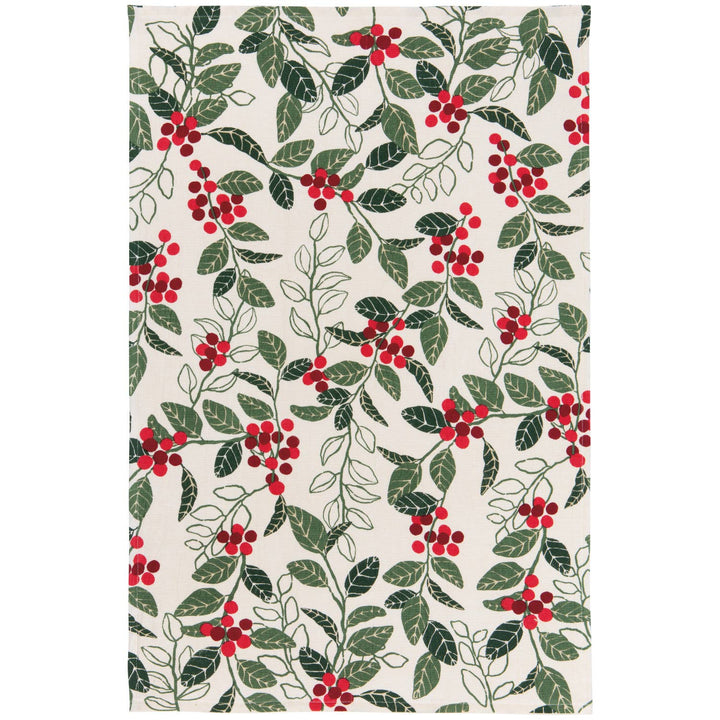 Patterned fabric with red berries and green leaves on a white background