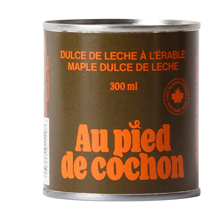 Can of Au pied de cochon maple dulce de leche on a white background