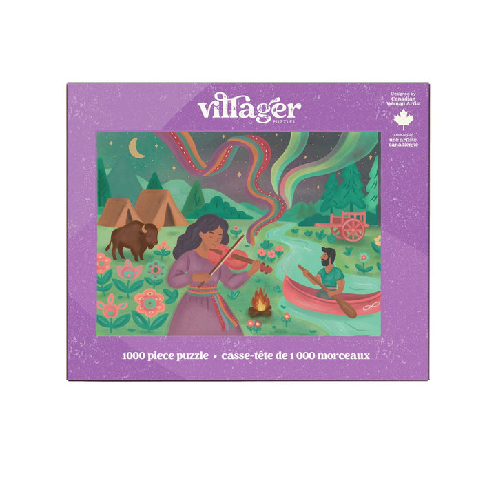 Dancing Sky 1000-piece puzzle by Villager Puzzles featuring a colorful, detailed sky scene designed in Canada.