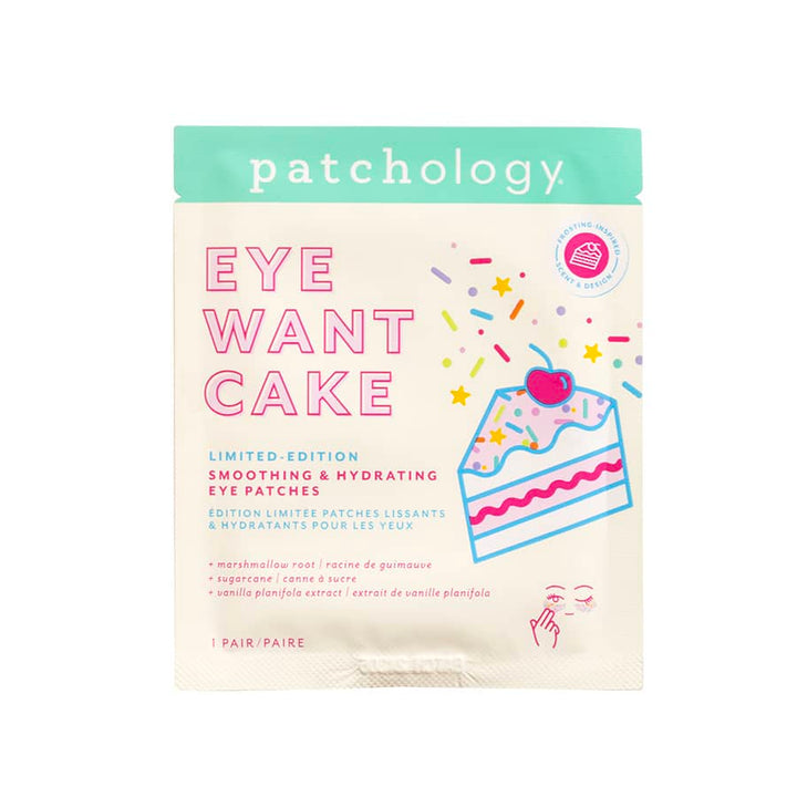 A packaged product labeled 'patchology EYE WANT CAKE' featuring an illustration of a cake slice with sprinkles and a cherry on top, indicating a limited edition smoothing and hydrating eye patches inside.