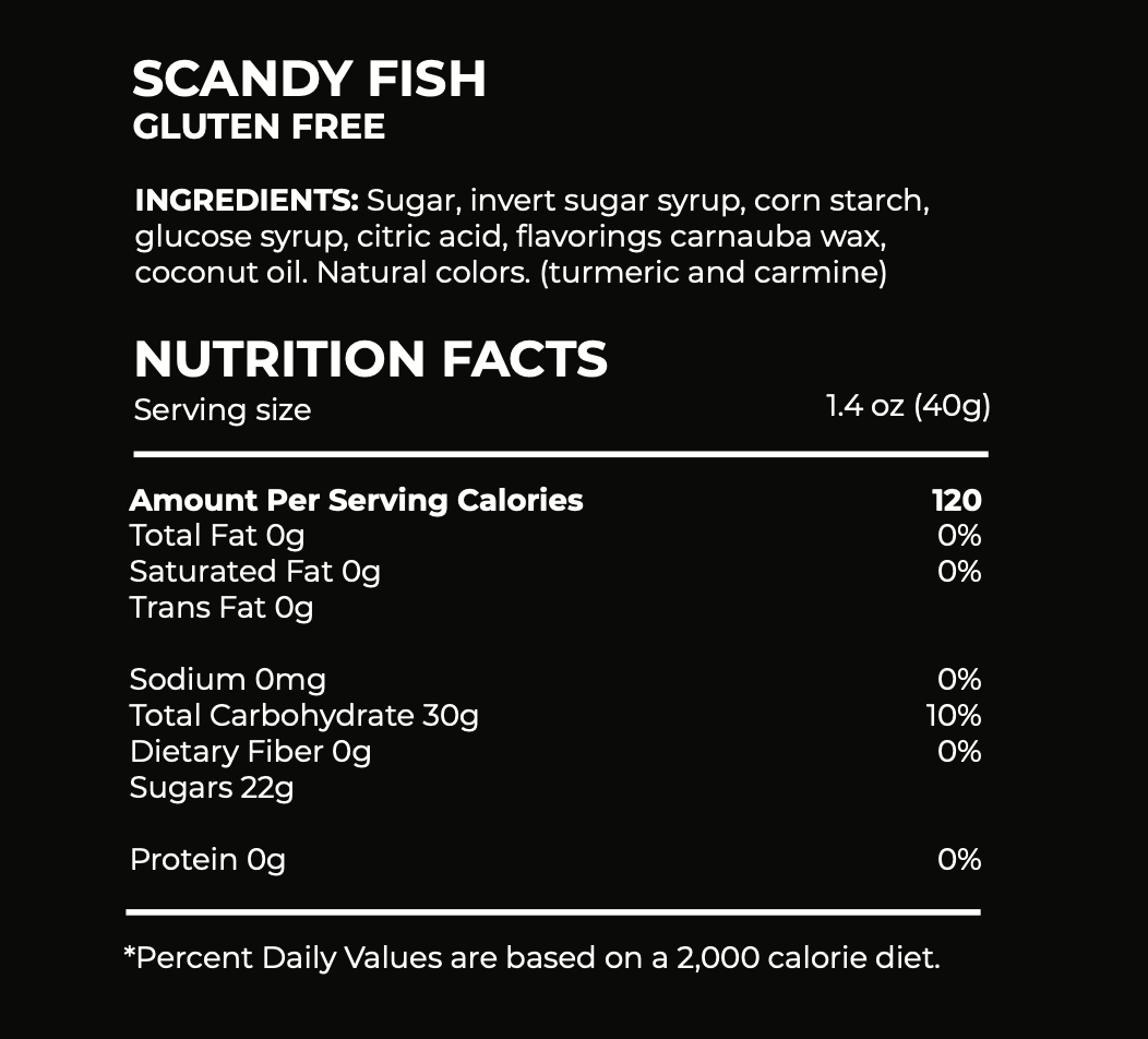 Nutrition facts label for Scandy Fish gluten-free product on a black background