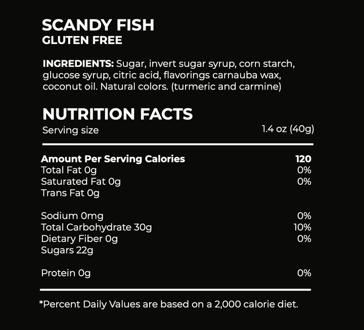 Nutrition facts label for Scandy Fish gluten-free product on a black background