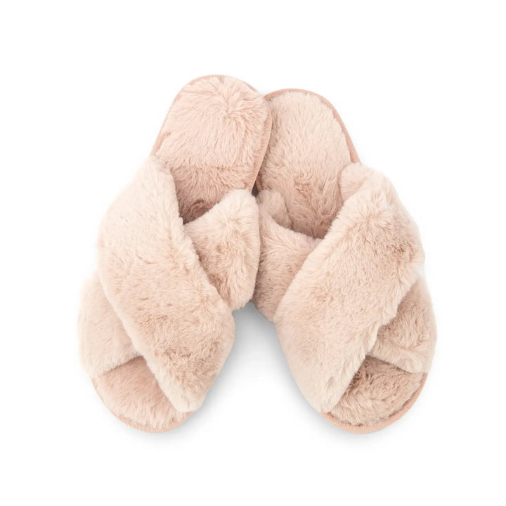 A pair of pink plush crossband slide house slippers with a hard sole.