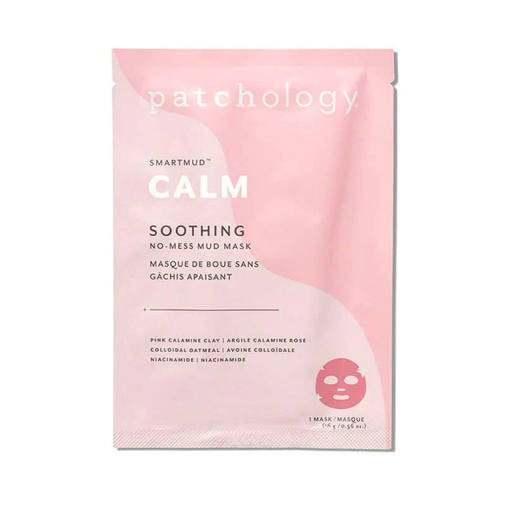A packaged SmartMud Calm Soothing No-Mess Mud Mask by Patchology in a pink pouch.