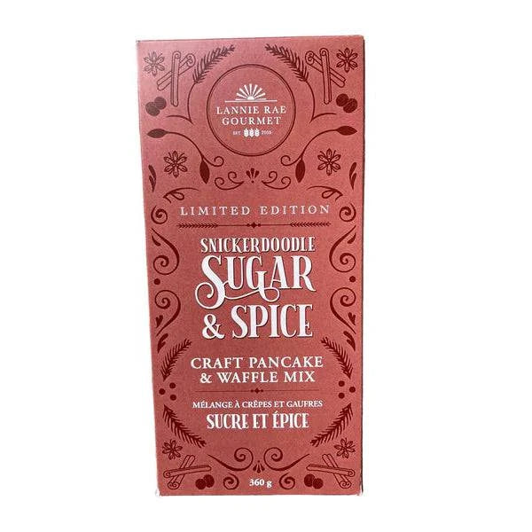 Pink packaging of Lennie Rae Gourmet Snickerdoodle Sugar &amp; Spice pancake and waffle mix on a white background