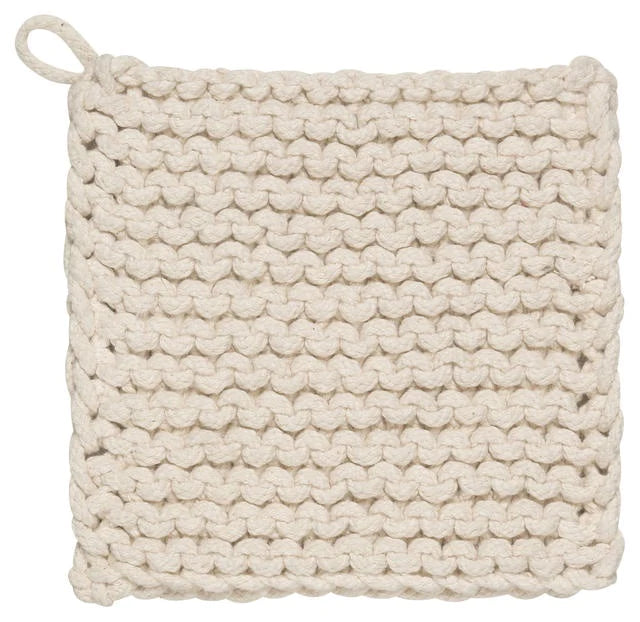 A chunky knit potholder made from 100% cotton protects hands from hot objects. Set one on the table for the perfect teapot trivet. A hanging loop makes for easy storage.  100% cotton  W8 x L8 inch