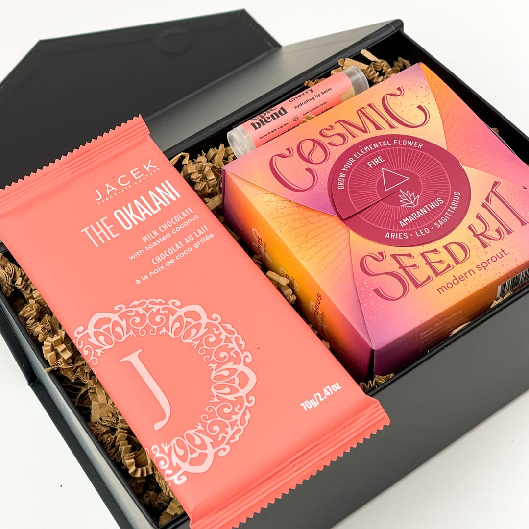 Looking for the perfect gift for an Fire Sign? Look no further! The Bloom Fire Gift Box is the perfect gift to show your love and appreciation. They'll love this luxury gift box filled with pampering treats and a touch of nature!  GIFT CONTENTS:  JACEK The Okalani Chocolate  Modern Sprout Cosmic Seed Kit Epic Blend Cherry Lip Balm