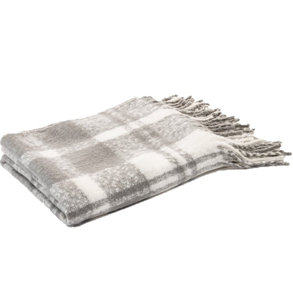 Time to cuddle up with confort.    Grey and white plaid throw Size: 50'' x 60'' Nice fringed edge 100% acrylic Machine washable
