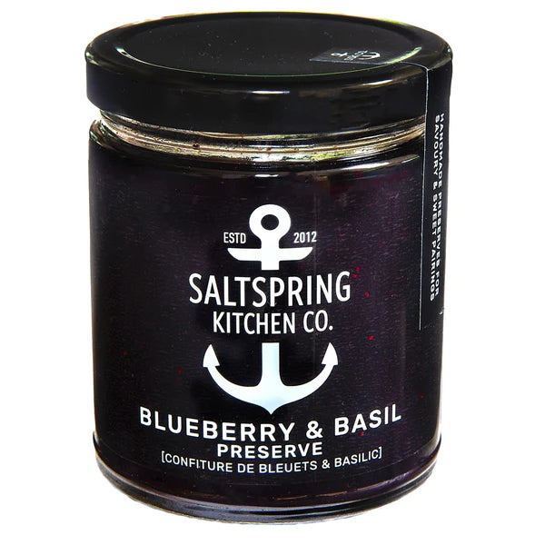 Basil is the foundation of this preserve, bringing a surprising, rounding note to the fruit. Pairs with fresh Chèvre, Manchego, Ricotta, nut butter, cheesecake, ice cream, and yogurt.  Ingredients: Blueberries, Sugar, Lemon, Pectin, And Basil.  270 ml  |  Refrigerate after opening and enjoy within 90 days.  Handmade with love on Salt Spring Island.