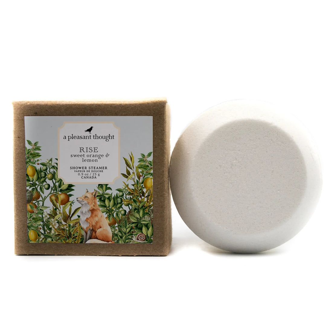 Rise with the energizing mists of effervescent citrus with our sweet orange and lemon-infused shower steamer.   A Pleasant Thoughts shower steamers are handcrafted using 100% natural essential oils and ingredients for clean aromatherapy and a pleasurable showering experience.