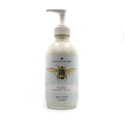 Warm and creamy with a soft powdery finish. Soothe your sense and skin with Cleo oatmeal, milk, and honey scented body lotion. A Pleasant Thoughts plant-based body lotions are an ultra-lightweight, non-greasy, and fast-absorbing formula that will leave your skin feeling soft, nourished, moisturized, and smelling great.  