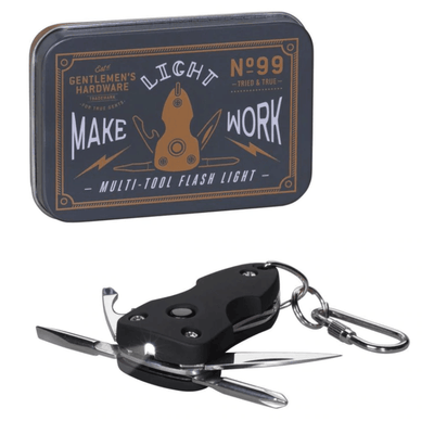 Make light work of those odd jobs about the house with the Pocket Multi Tool Flash Light from Gentlemen's Hardware.  Versatile, five-piece tool featuring a bottle opener, straight edge knife, two screwdrivers and an LED light Made from stainless steel Packaged in a smart, giftable tin The perfect gift for any gift box!