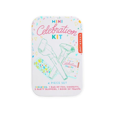Super fun 4 piece celebration kit. Complete with a bag of foil confetti, 2 party blowers and a book of toasts. Nicely packed in a reusable tin.