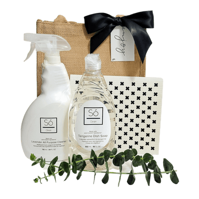 This is your new go-to gift to send to clients! They'll love this luxury set of household essentials including So Clean's Lavender All Purpose Cleaner, So Clean's Tangerine Dish Soap, and a cute Swedish Sponge Cloth.