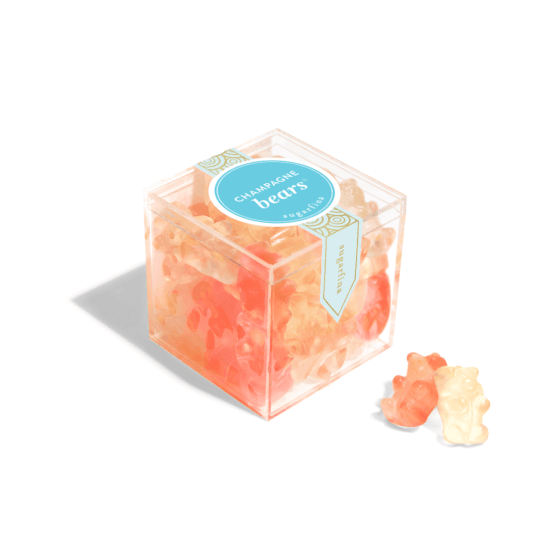 Pop the top on this candy cube and enjoy these amazing champagne bears made with Dom Pérignon Champagne. These sophisticated bears sparkle in flavors of Brut and Rosé. Named "the perfect party favor" by Cosmopolitan magazine, these grown-up gummies are the finest bears in all of candy land.   2.18"x 2.18" Candy Cube - Approx 3-4 oz  Gift Recommendations: Birthday Gift Box, Engagement Gift Box, Celebration Gift Box, Congratulations Gift Box, Housewarming Gift Box