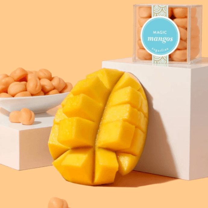 These delectable, mouth watering treats are imported from France. Escape to the tropics with these refreshing gummies made with real mango purée. These adorable mangos are also vegan. They'll make any woman or man-go crazy!  2.18"x 2.18" Candy Cube - Approx 3-4 oz  A great treat to add to any celebration gift or custom gift box!